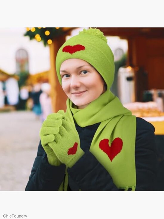 Warm Knit Beanie Hat Scarf Gloves Set Heart Embroidery Winter Gift main image 2